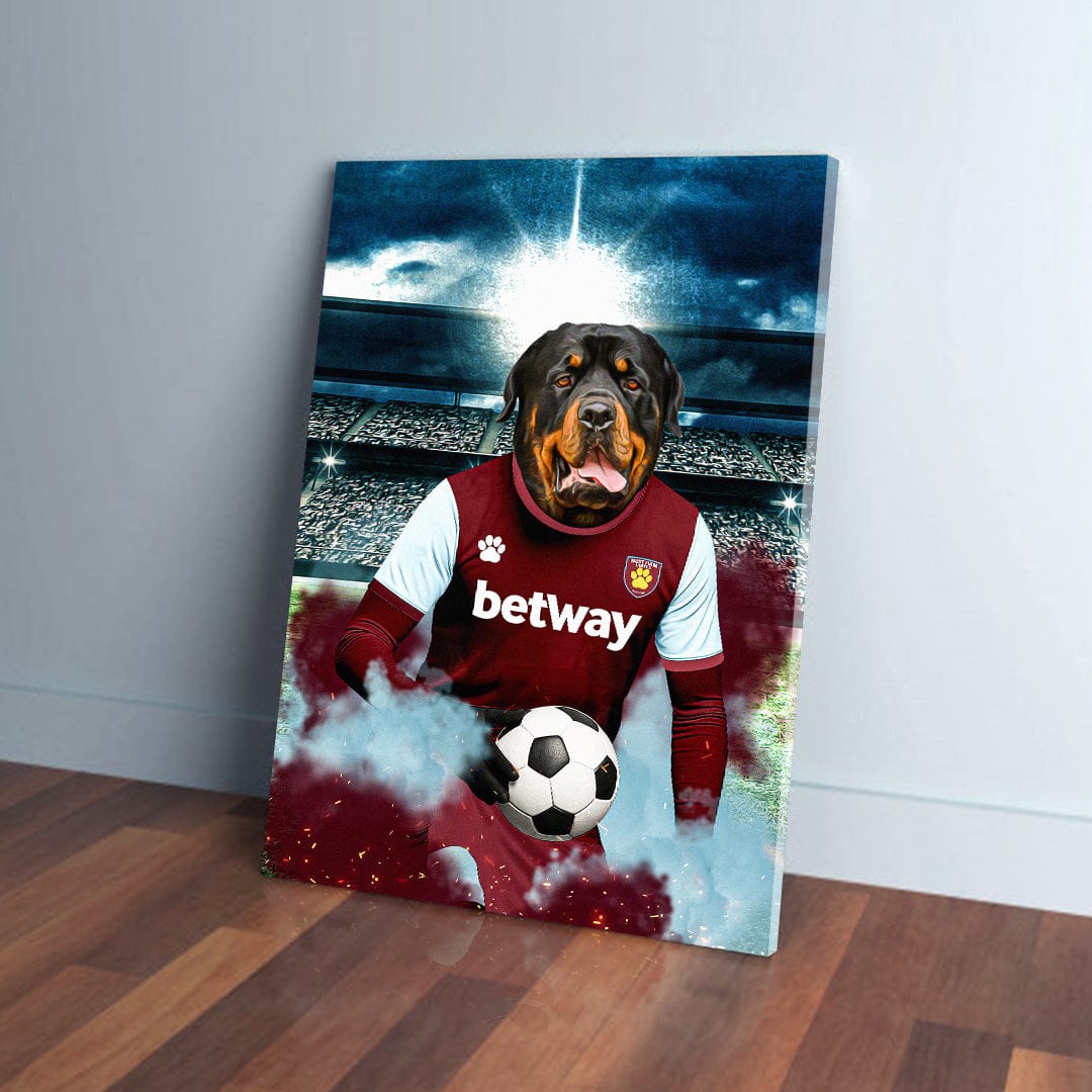 Personalized West Ham United Doggos Football canvas featuring a Rottweiler in a maroon jersey holding a soccer ball.