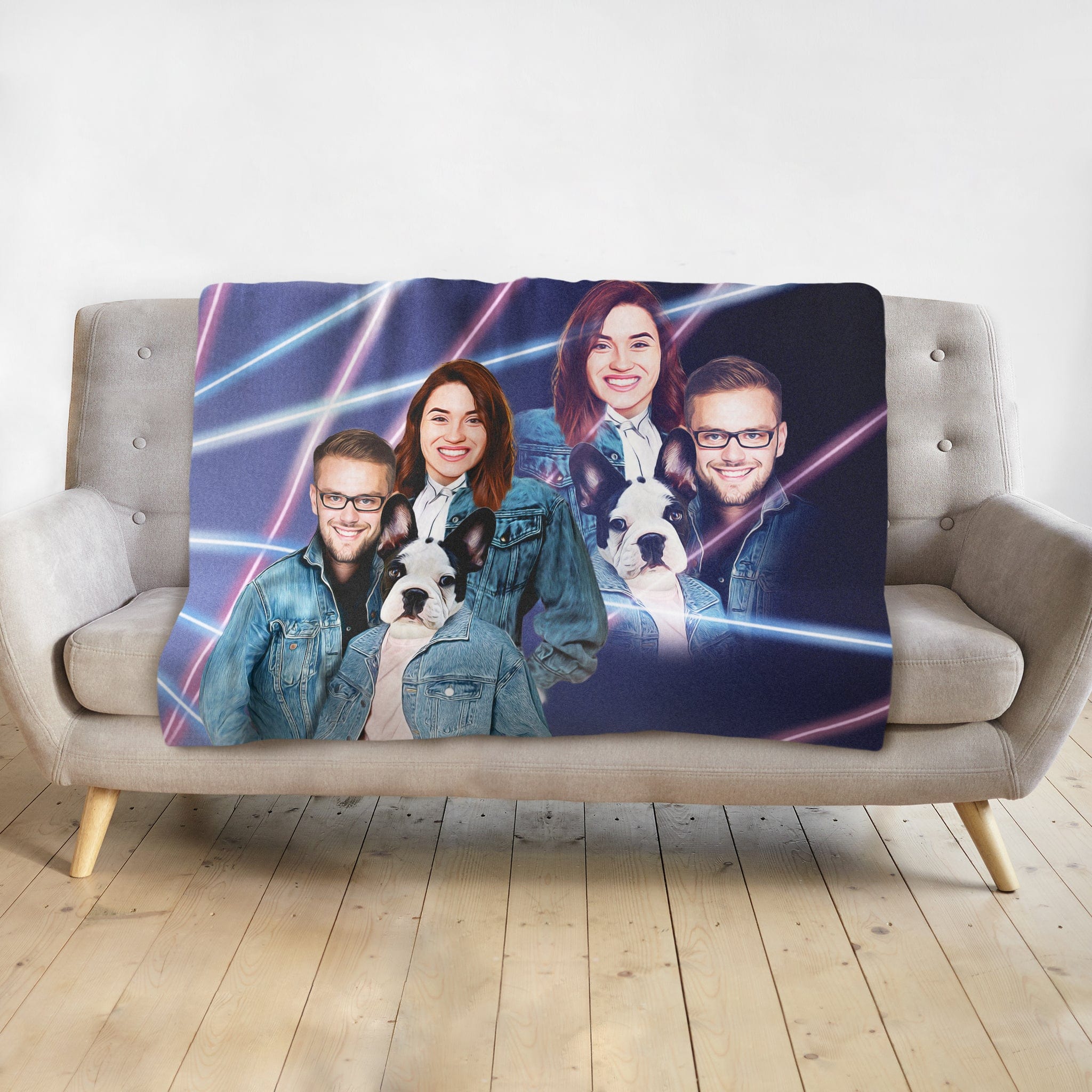 Personalized 1980s Lazer Portrait blanket with two humans and a French Bulldog in denim jackets.