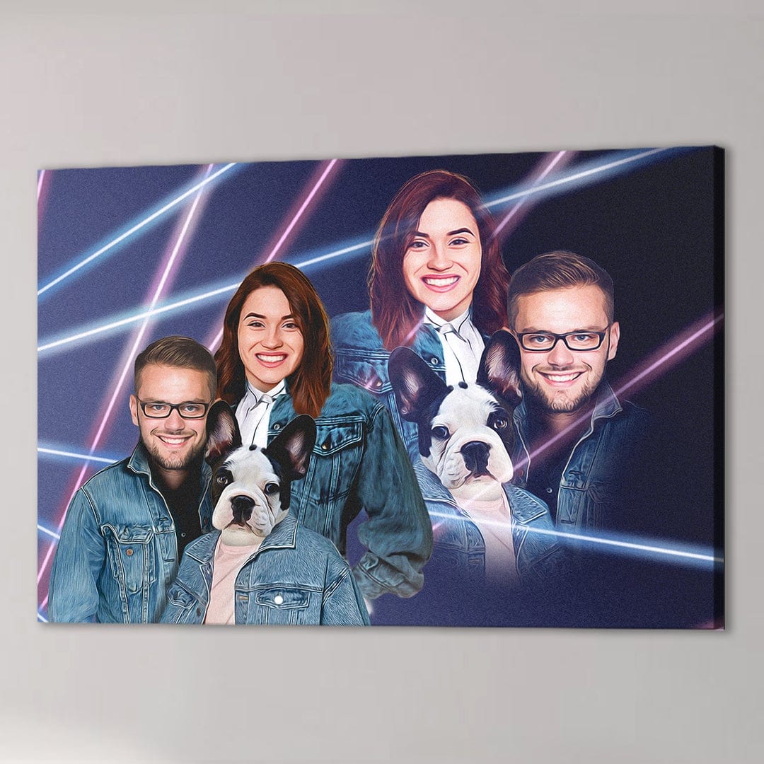 Personalized 1980s lazer portrait canvas featuring two humans and a French bulldog, with neon pink and blue lines.