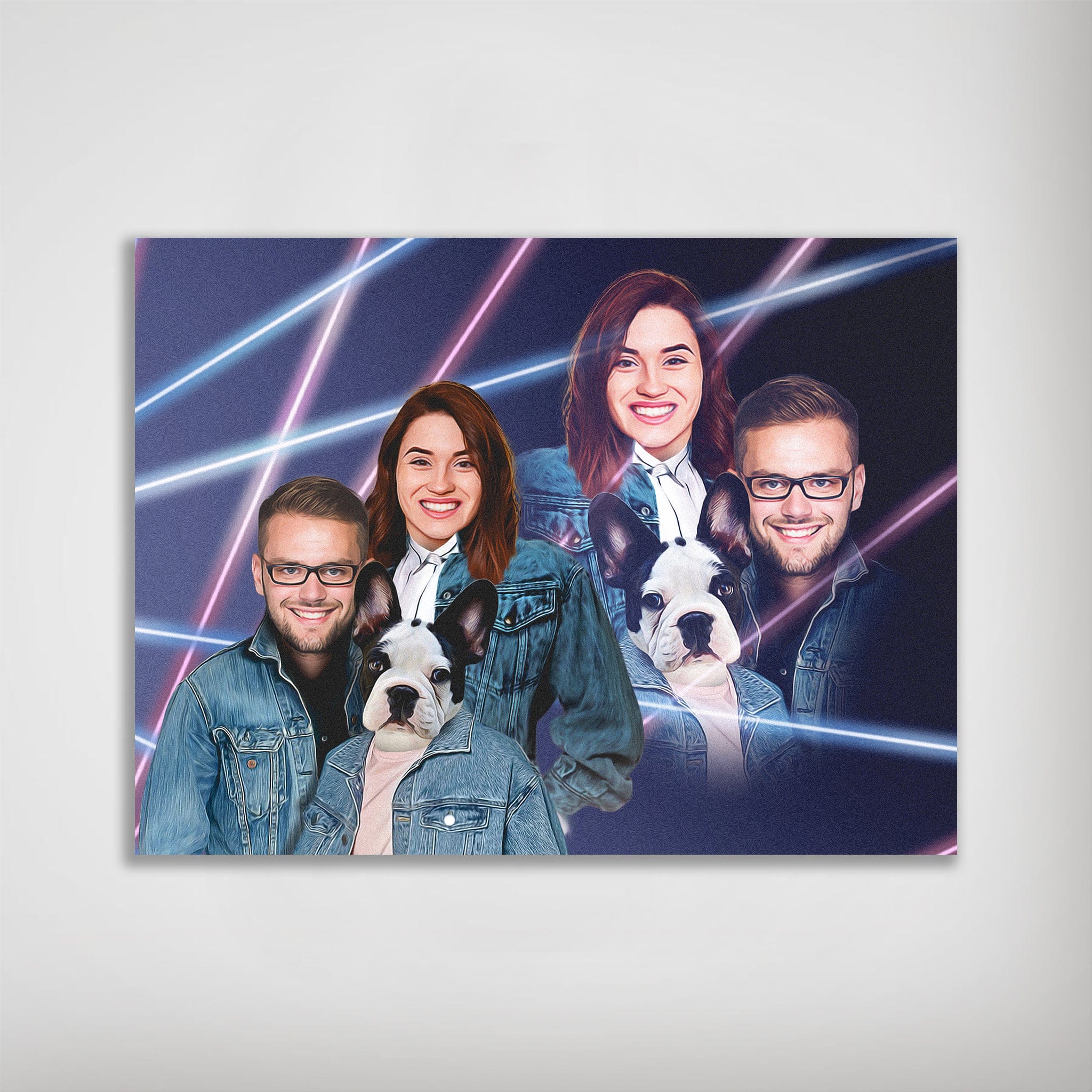 Personalized 1980s Lazer Portrait poster featuring a couple and their French Bulldog in denim jackets.