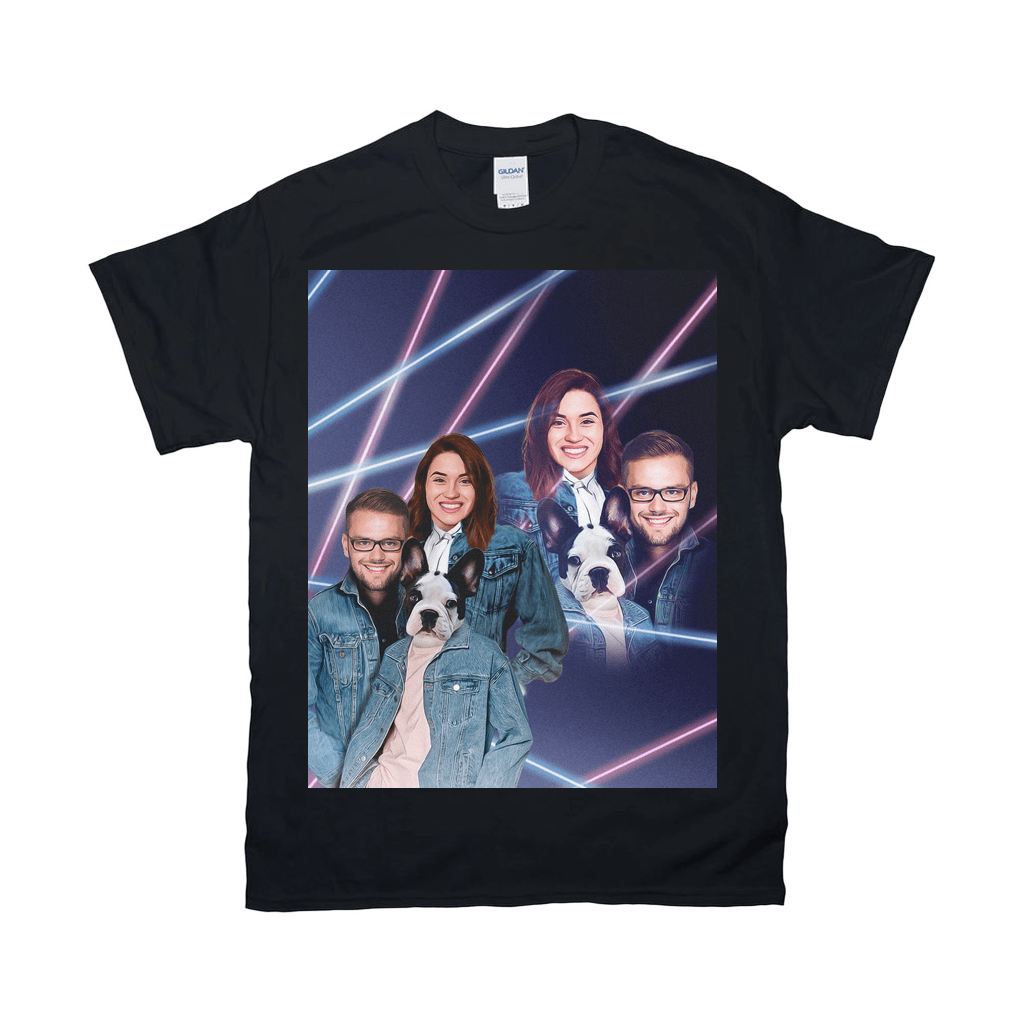 Black Gildan t-shirt with a personalized 80s lazer portrait of two people and a French bulldog.