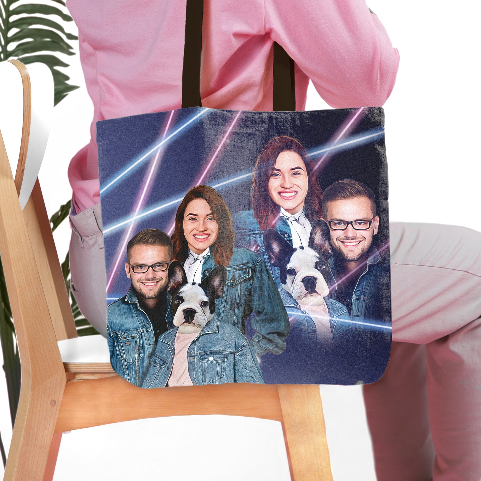 Personalized 1980s Lazer Portrait tote bag featuring a couple and French Bulldog on a dark background.