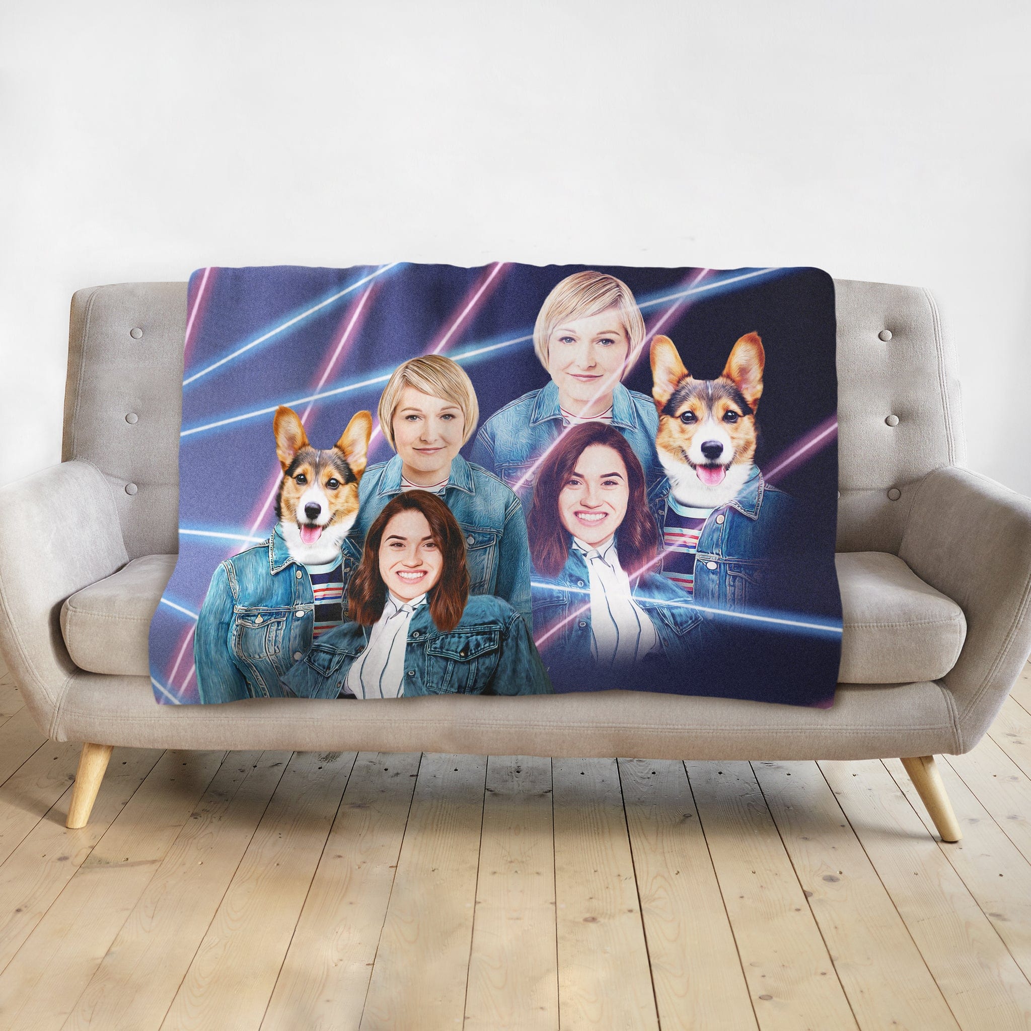 Personalized 1980s Lazer Portrait blanket featuring two women and two corgi dogs in denim jackets.