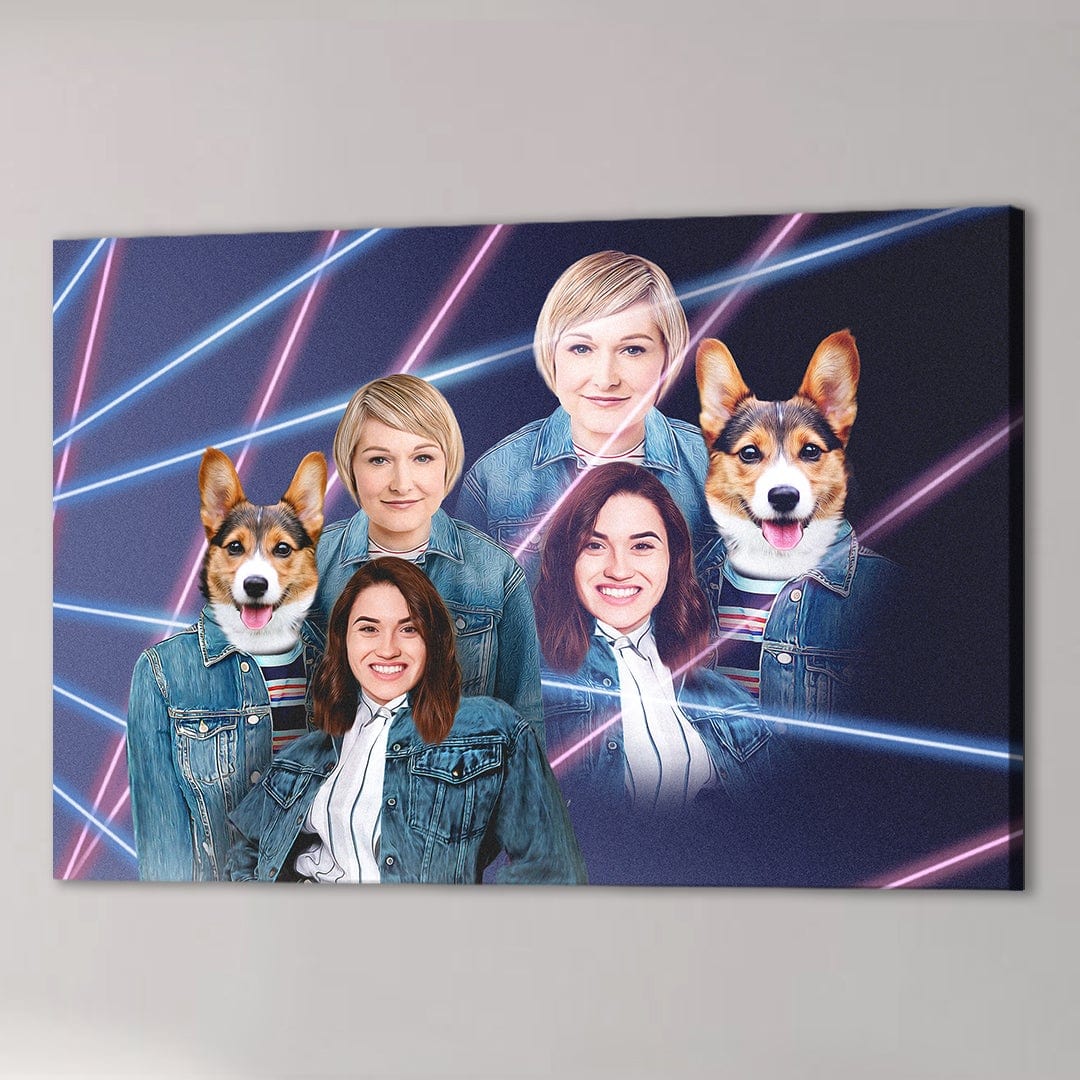Personalized 1980s Lazer Portrait canvas featuring two women and two corgi dogs in denim jackets.