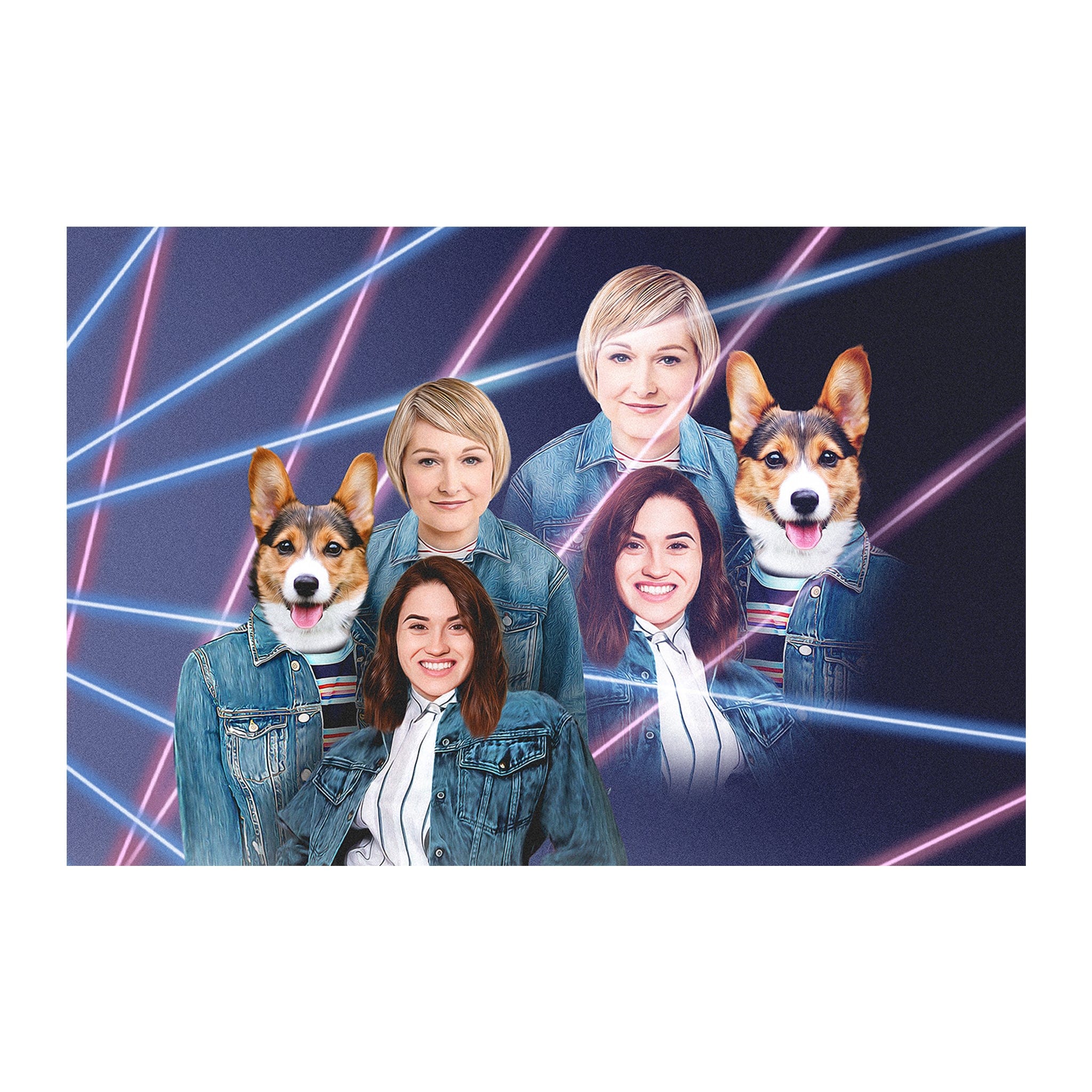 Personalized 1980s Lazer Portrait of two women and two corgis in denim jackets with neon lines.