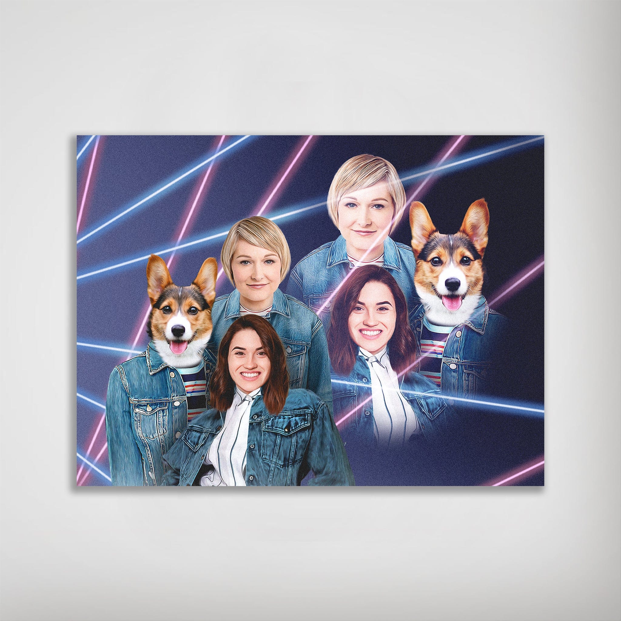 1980s Lazer Portrait personalized poster featuring two women and two corgi dogs in denim jackets with neon pink and blue lines.