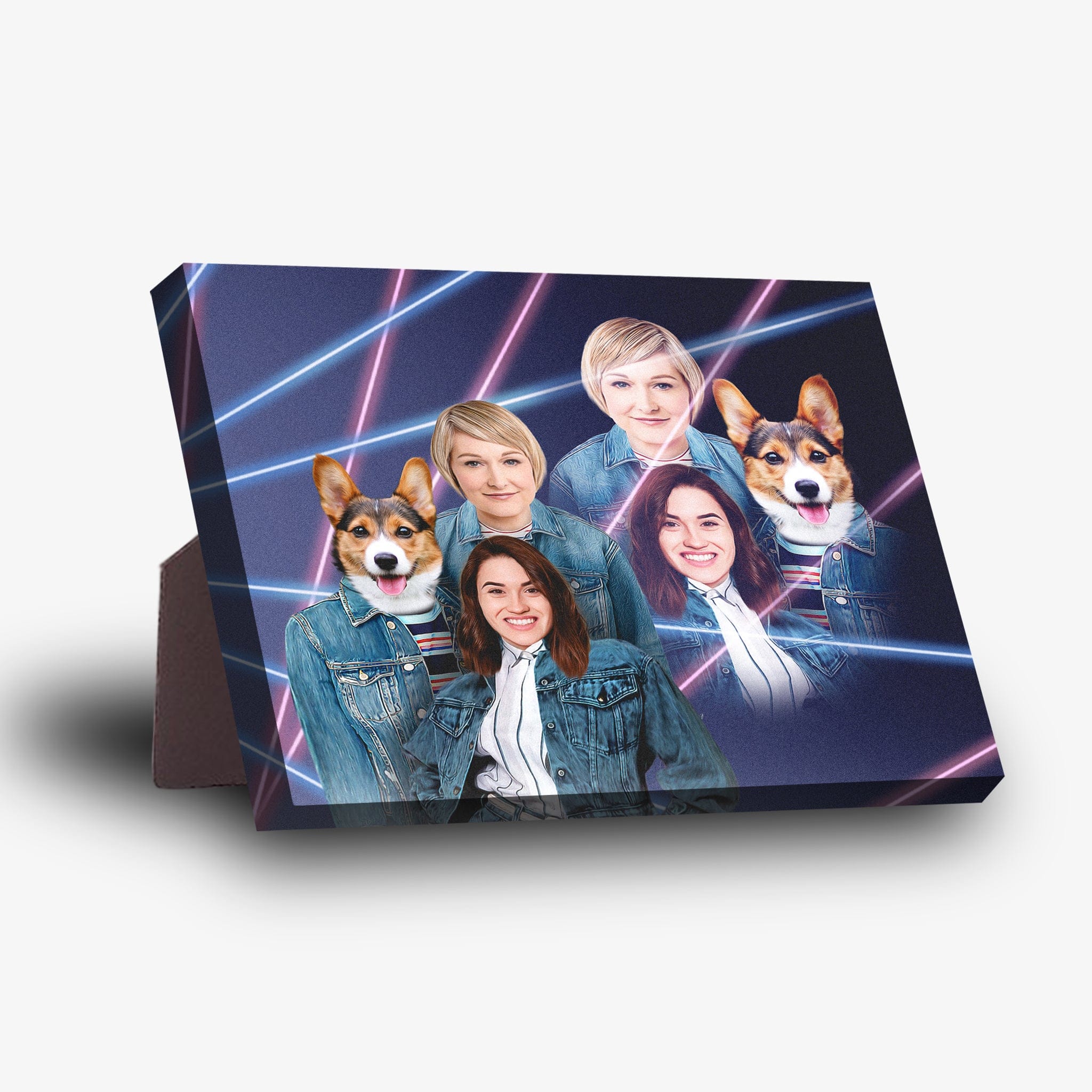 Personalized 1980s Lazer Portrait standing canvas featuring two women and two corgis with neon lines.