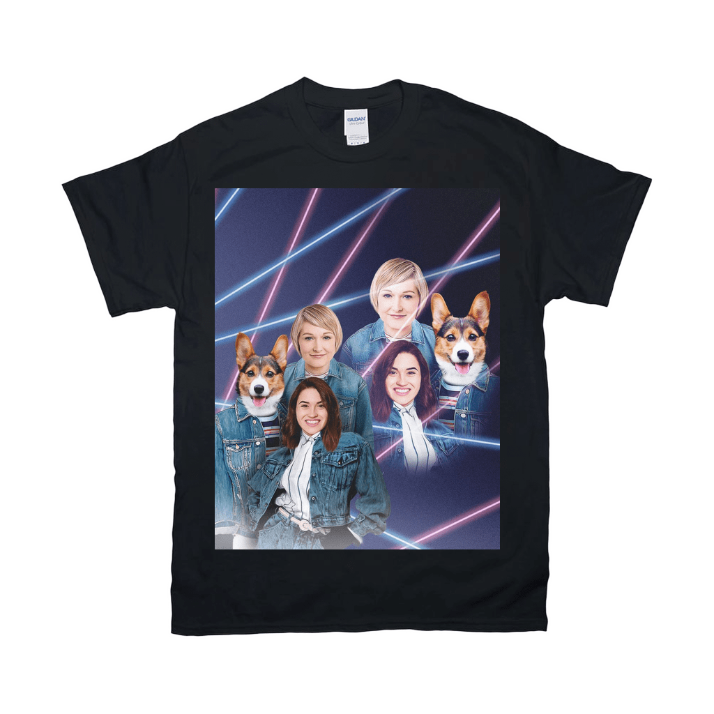 Black Gildan tee with a 1980s lazer portrait of three women and two corgis in denim jackets.