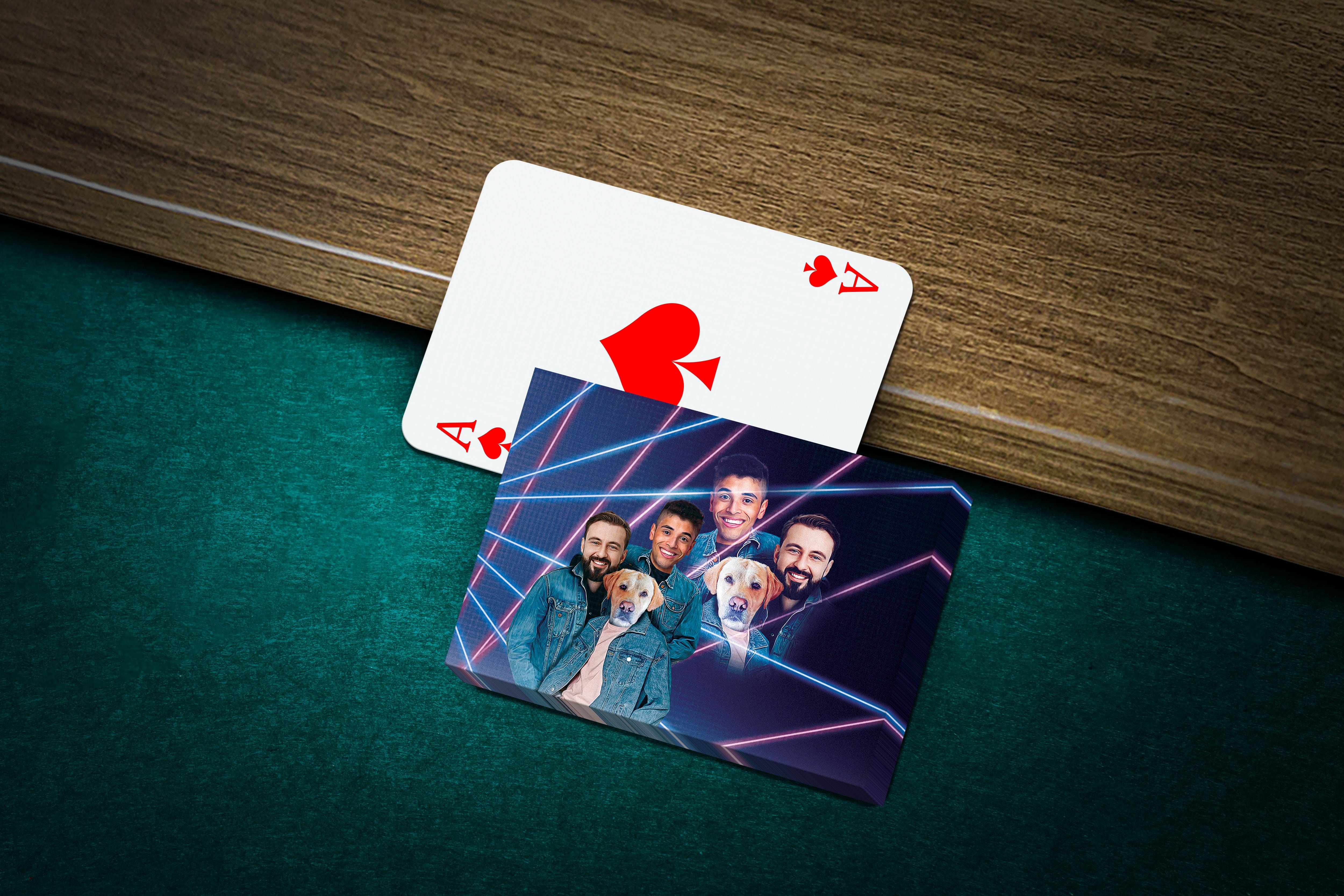 Custom 1980s Lazer Portrait playing cards featuring 4 men and 2 dogs, with a red Ace of Spades.