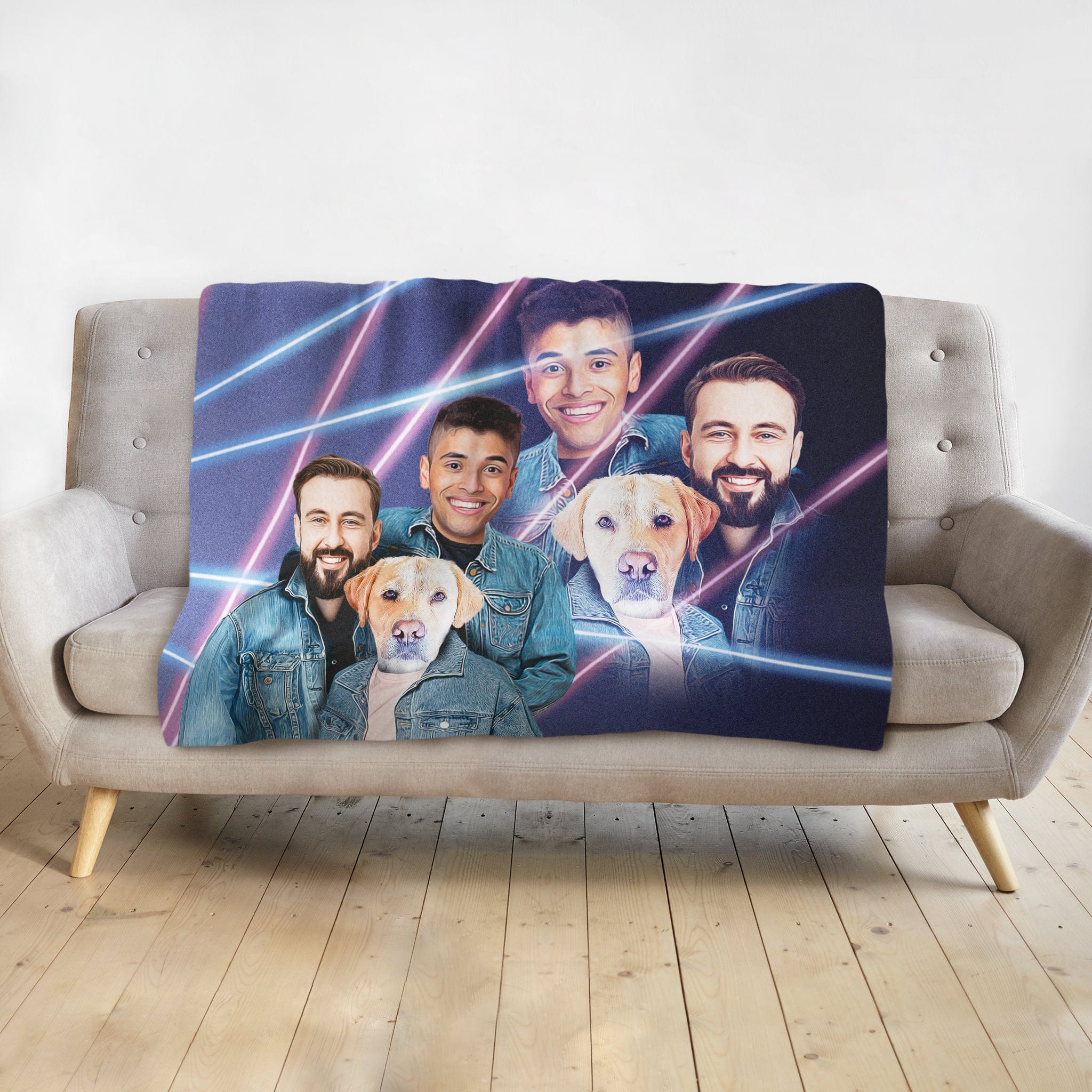 Custom 1980s Lazer Portrait blanket featuring three men and two dogs in denim jackets.