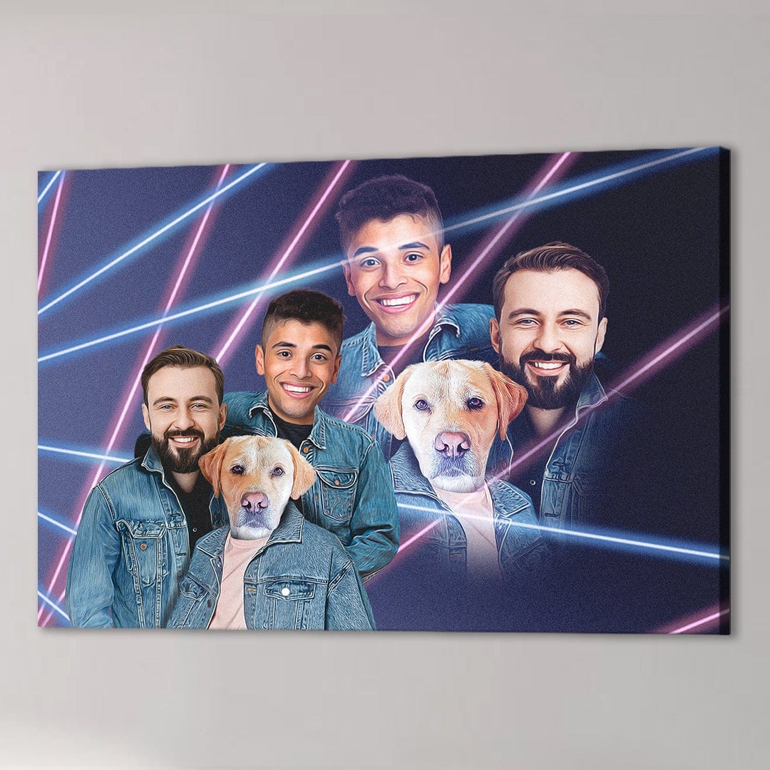 Custom 1980s Lazer Portrait canvas featuring three smiling men and two Labrador dogs in denim jackets.