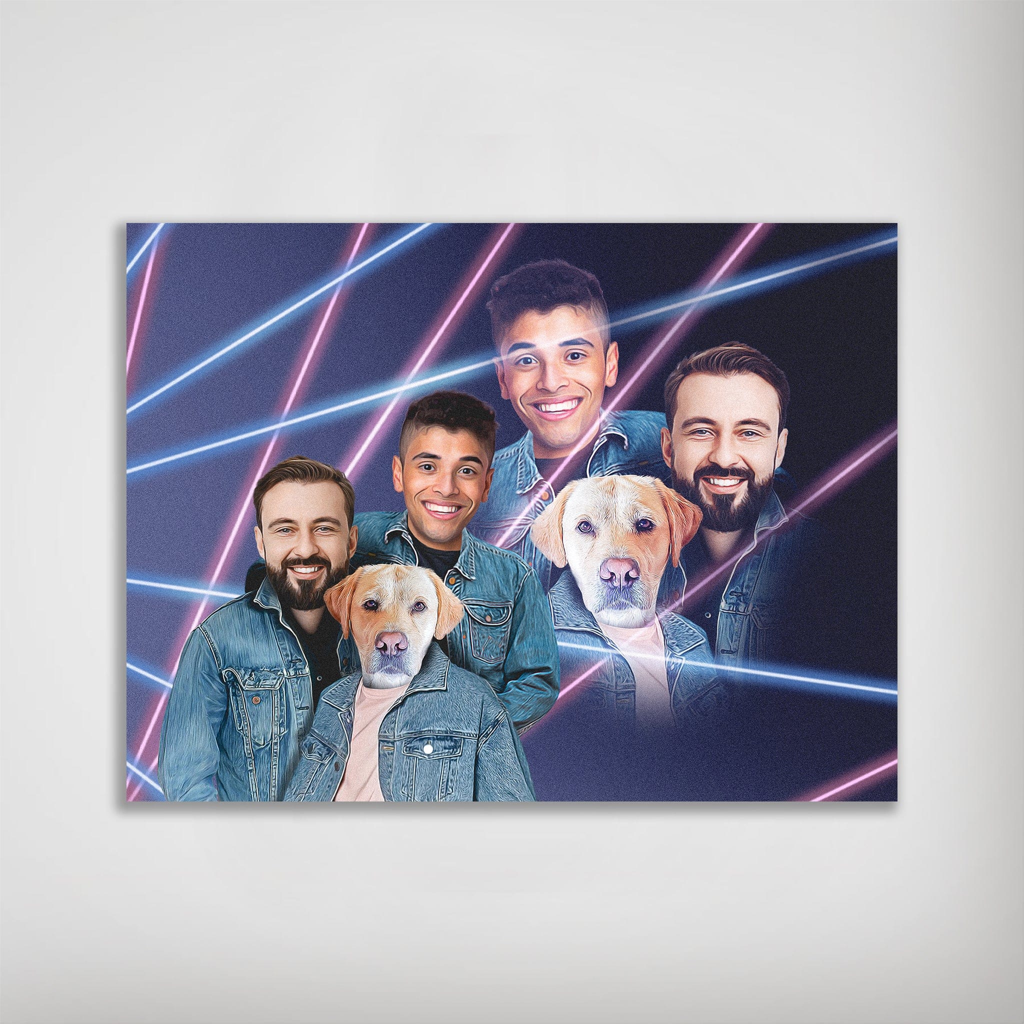 Personalized 1980s Lazer Portrait poster featuring two men and two Labrador dogs in denim jackets with neon laser lines.