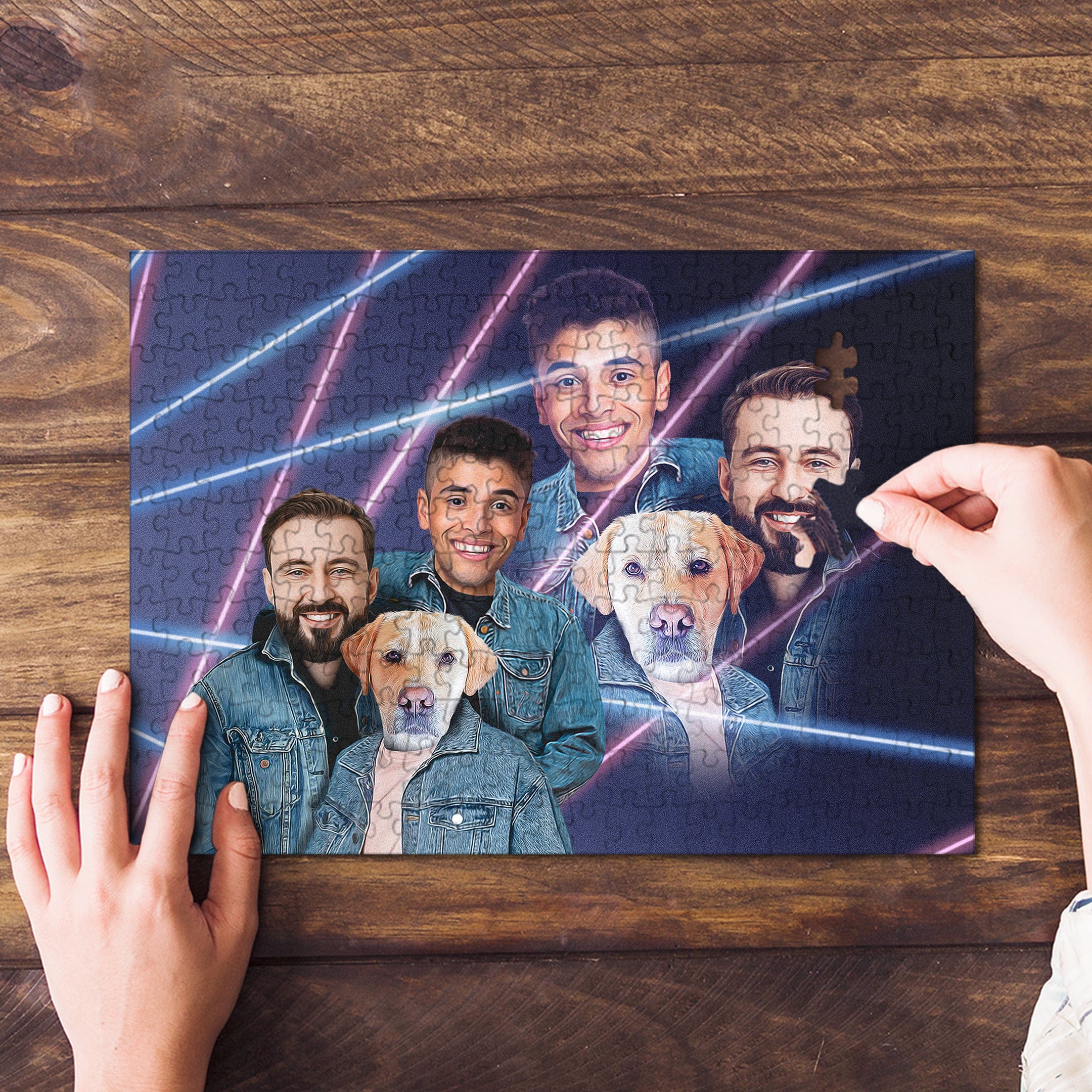 Personalized 1980s Lazer Portrait puzzle featuring two men and two dogs in denim jackets.