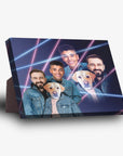 1980s Lazer Portrait standing canvas featuring three males and two yellow lab pets in denim jackets.