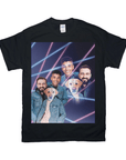 Black Gildan t-shirt with a custom 80s lazer portrait of three men and two dogs in denim jackets.