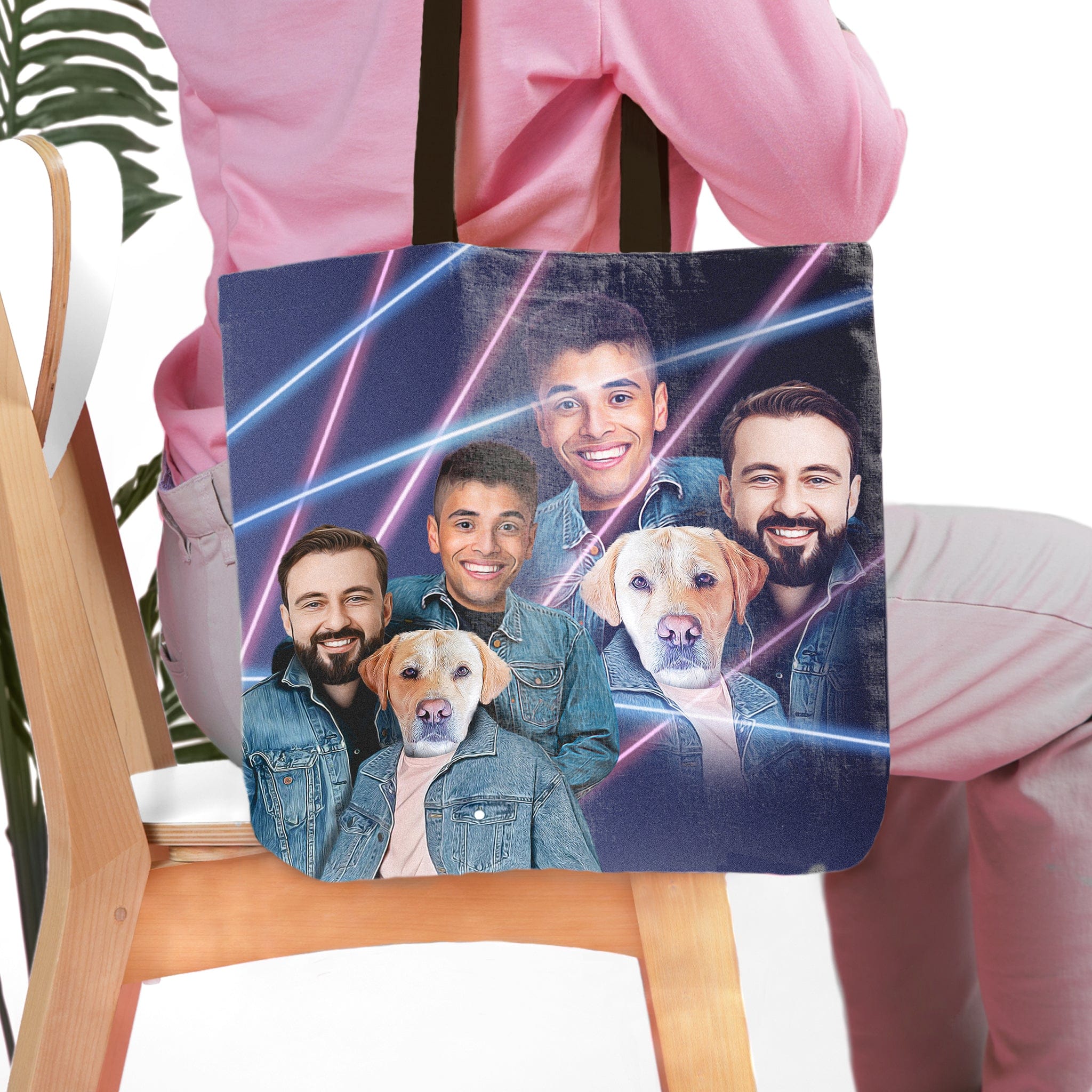Personalized 1980s Lazer Portrait tote bag with custom male and pet dog portraits.
