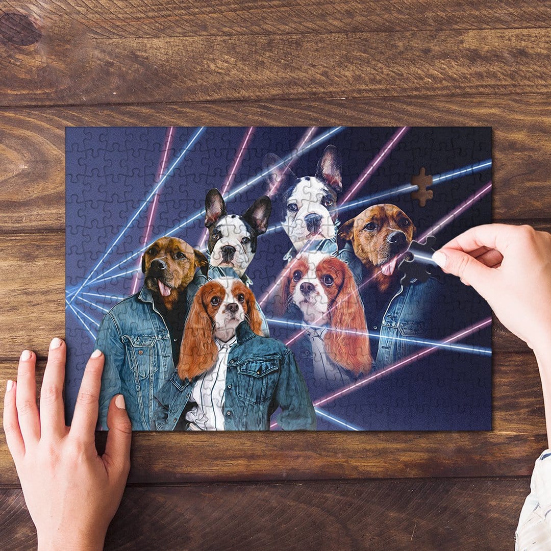 Custom 3-pet puzzle in 1980s Lazer Portrait style, featuring dogs in denim jackets.