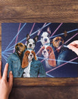 Custom 3-pet puzzle in 1980s Lazer Portrait style, featuring dogs in denim jackets.