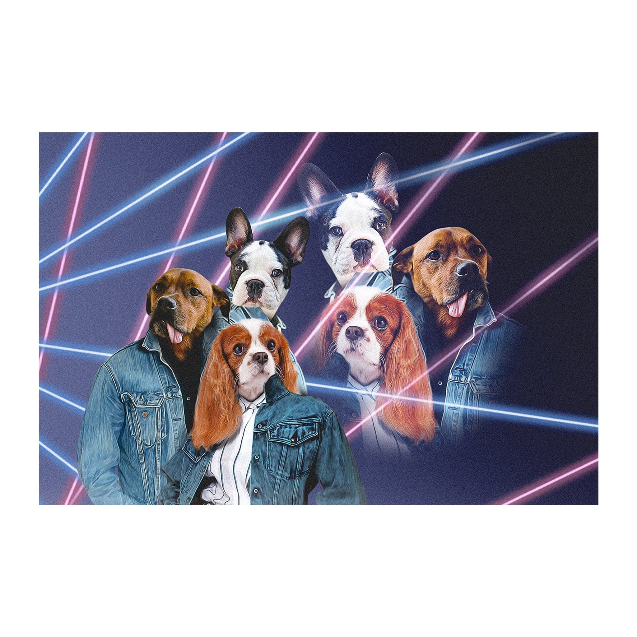 Personalized 3-pet digital portrait with dogs in 1980s lazer style, wearing denim jackets.