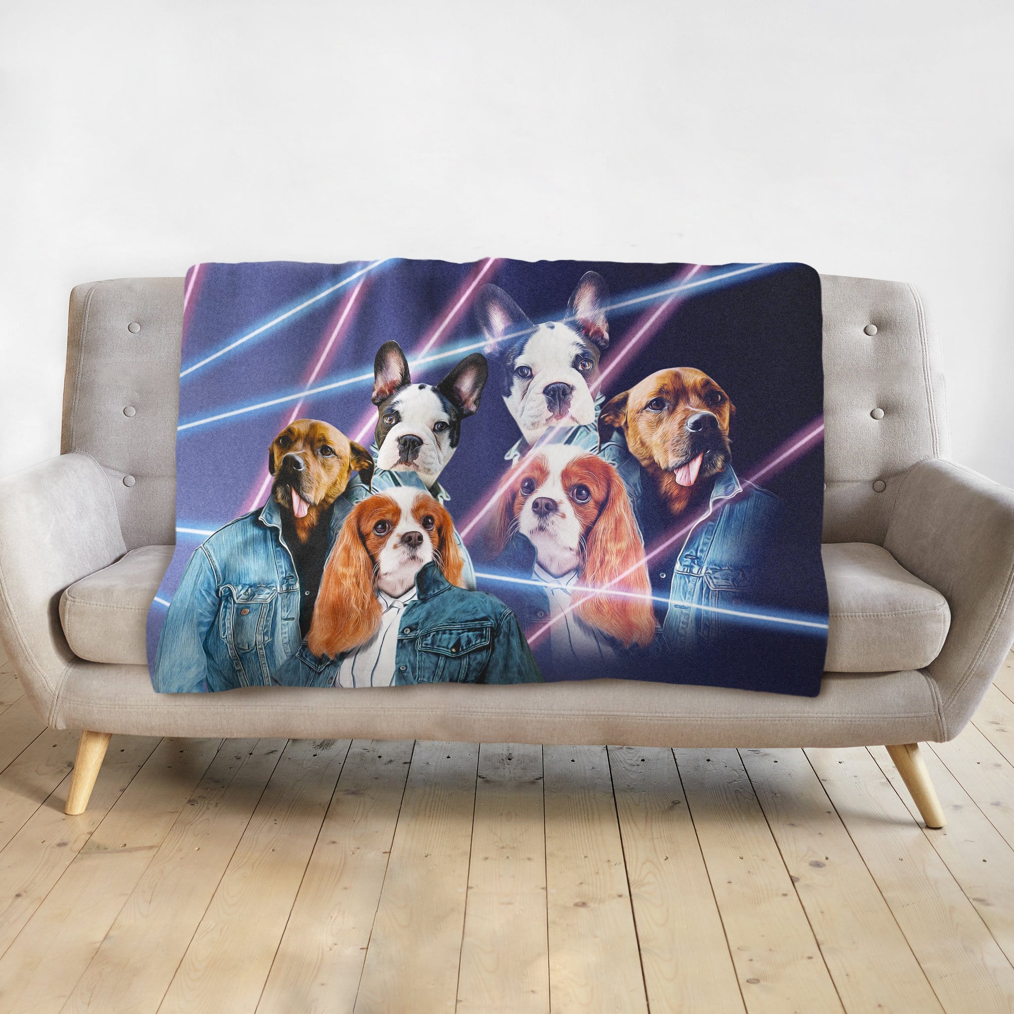 Personalized pet blanket with five dogs in denim jackets and 80s lazer portrait style.