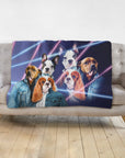 Personalized pet blanket with five dogs in denim jackets and 80s lazer portrait style.