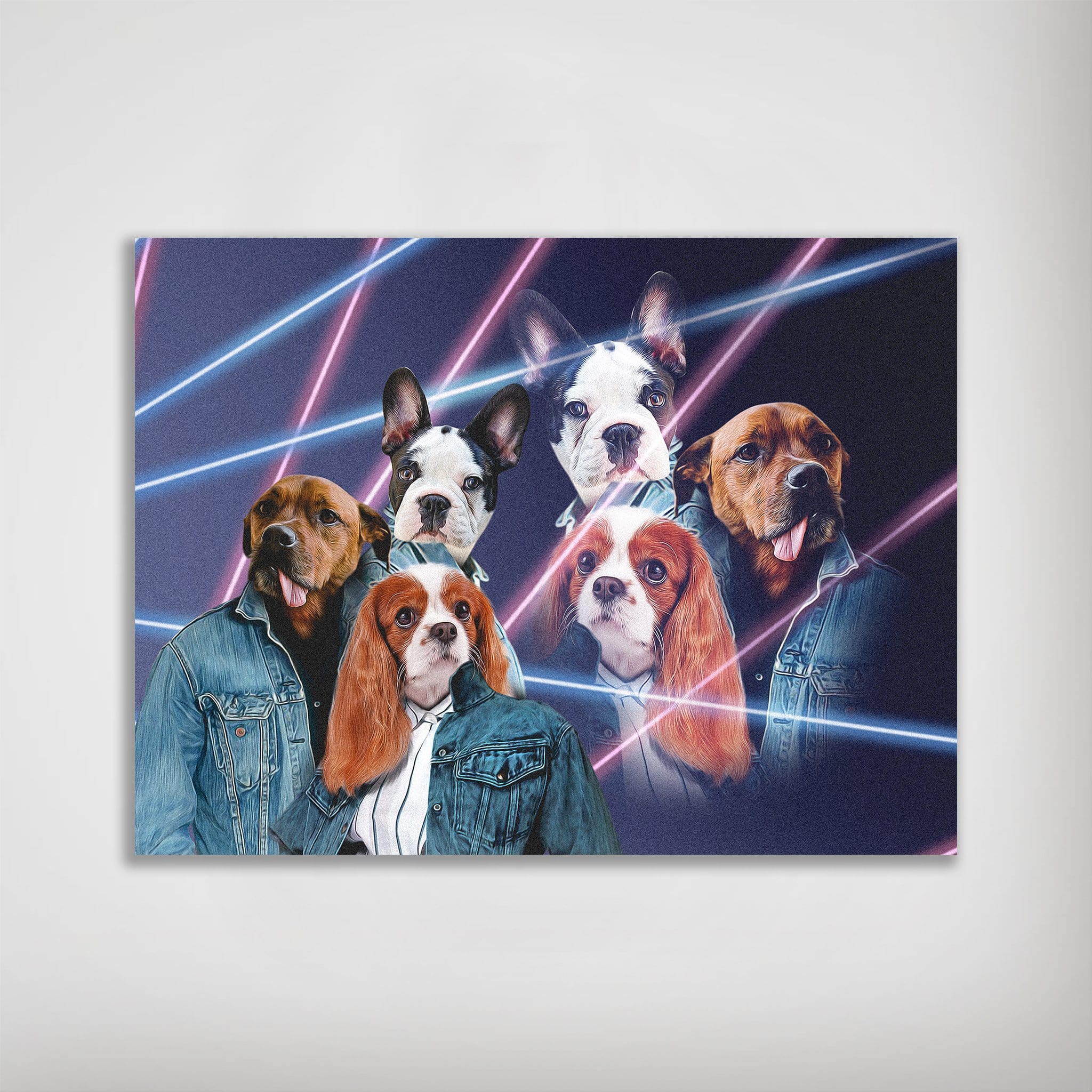 Personalized 1980s Lazer Portrait poster featuring five pets in denim jackets against neon pink and blue lines.