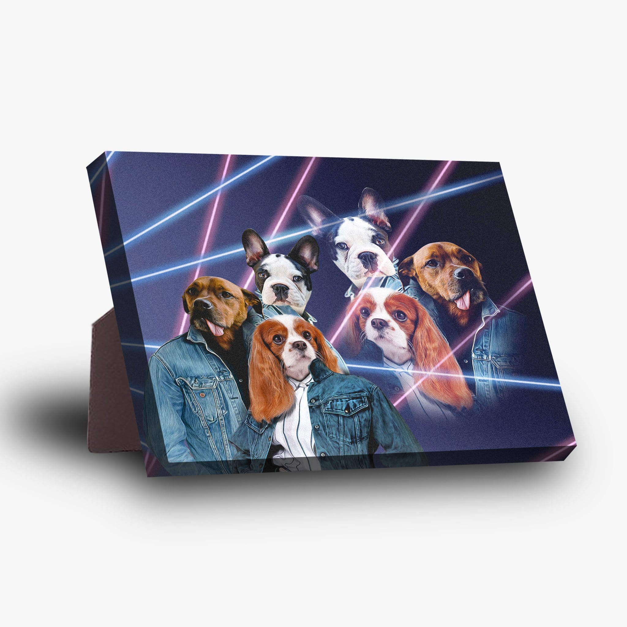 Personalized 1980s Lazer Portrait standing canvas featuring five pets in denim jackets.