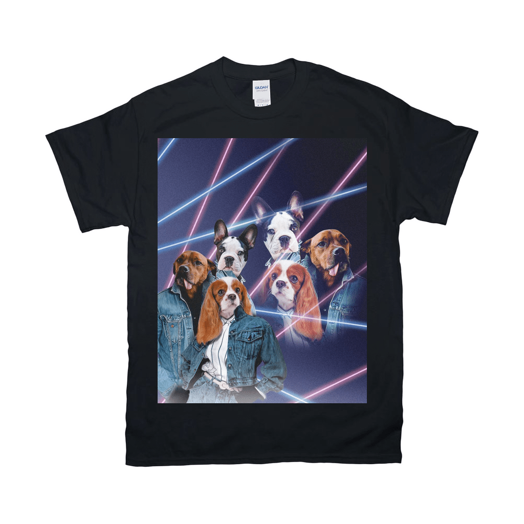 Black Gildan t-shirt with a retro 80s lazer portrait of six pets in denim jackets.