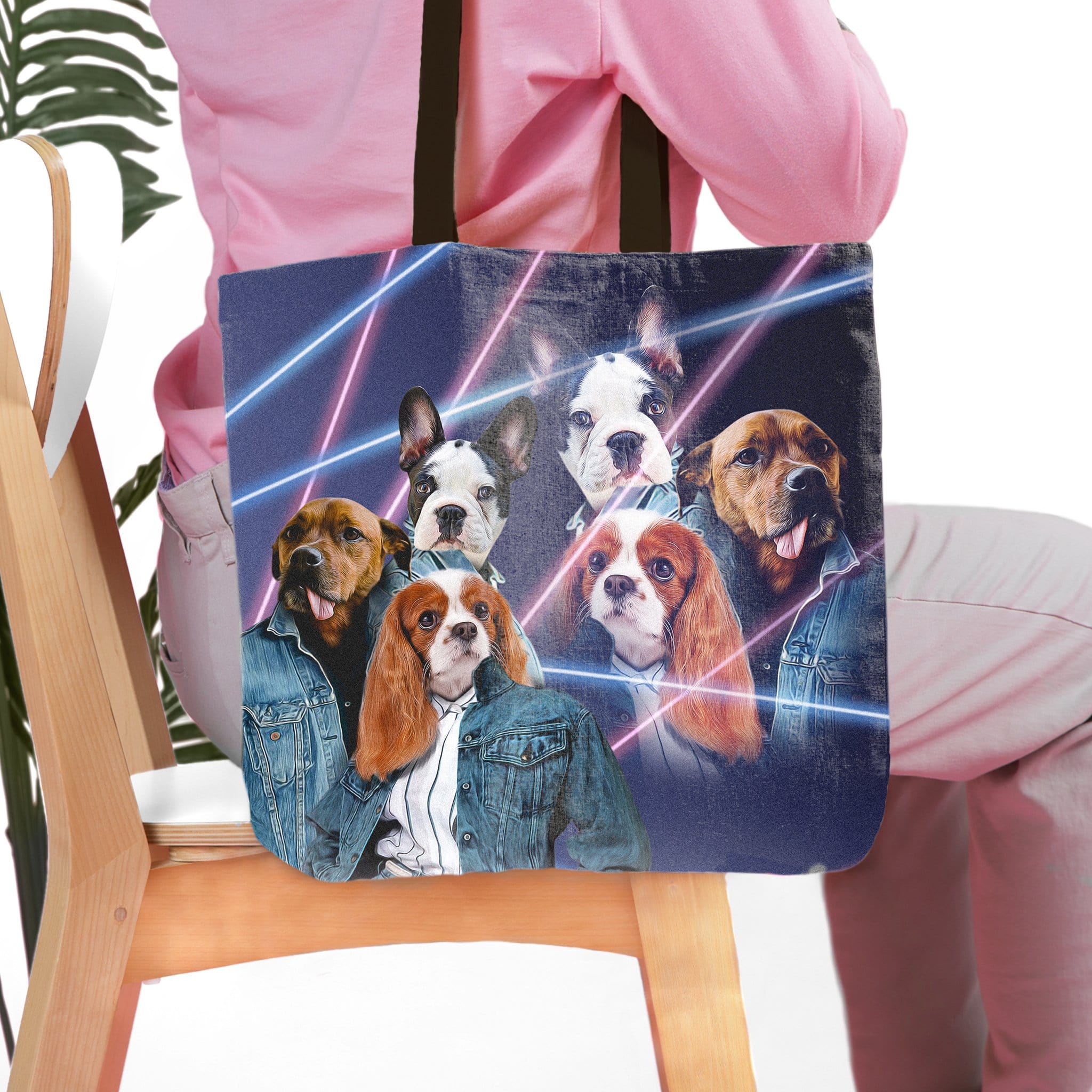 Personalized pet tote bag with five dogs in 1980s lazer portrait style, wearing denim jackets.