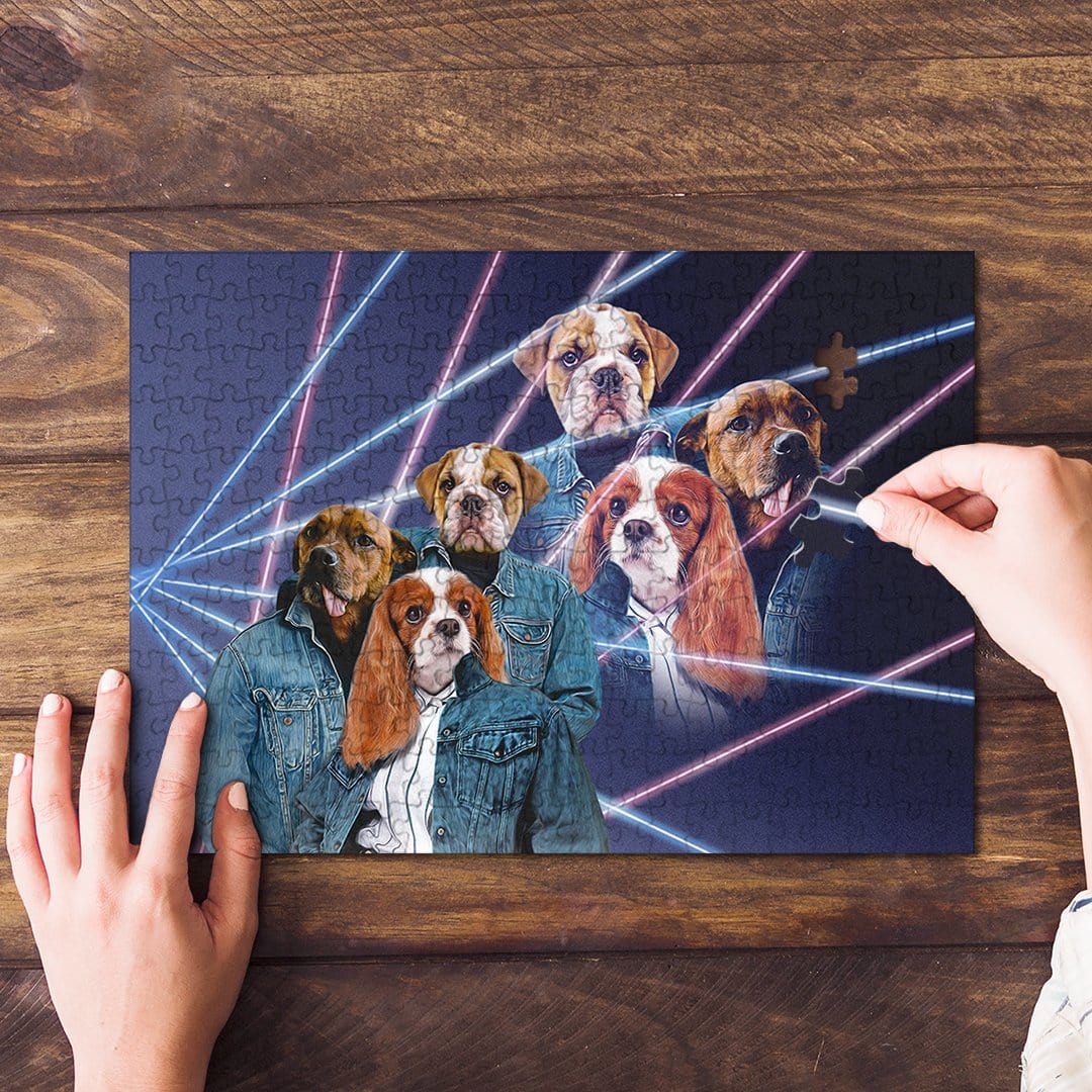 Personalized 3 pet puzzle in 1980s Lazer Portrait style, featuring dogs in denim jackets.