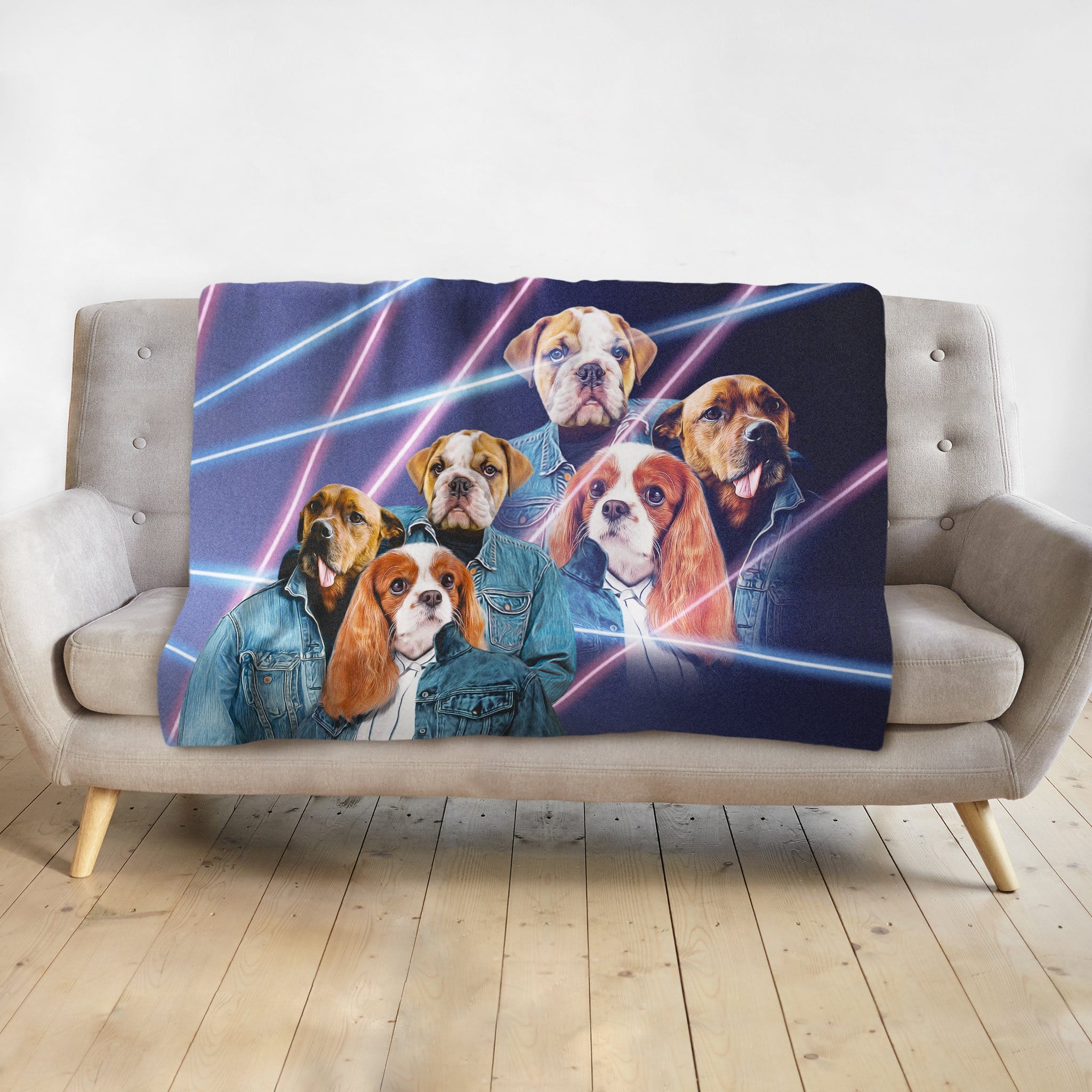 Custom 3-pet blanket with 1980s lazer portrait of dogs in denim jackets.