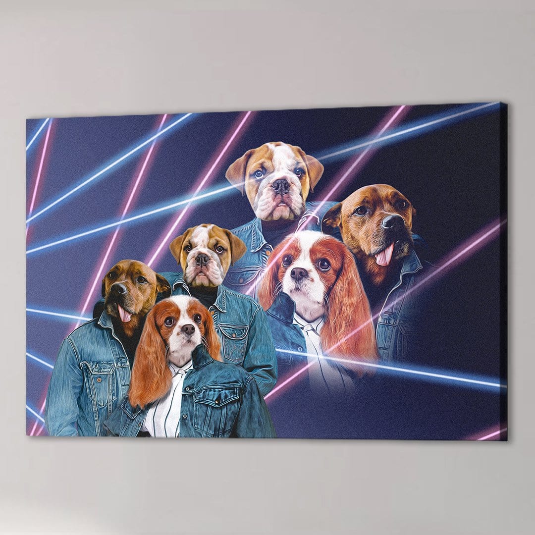 Custom canvas with five dogs in 1980s denim jackets against a dark background with pink and blue laser lines.