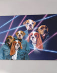 Custom canvas with five dogs in 1980s denim jackets against a dark background with pink and blue laser lines.