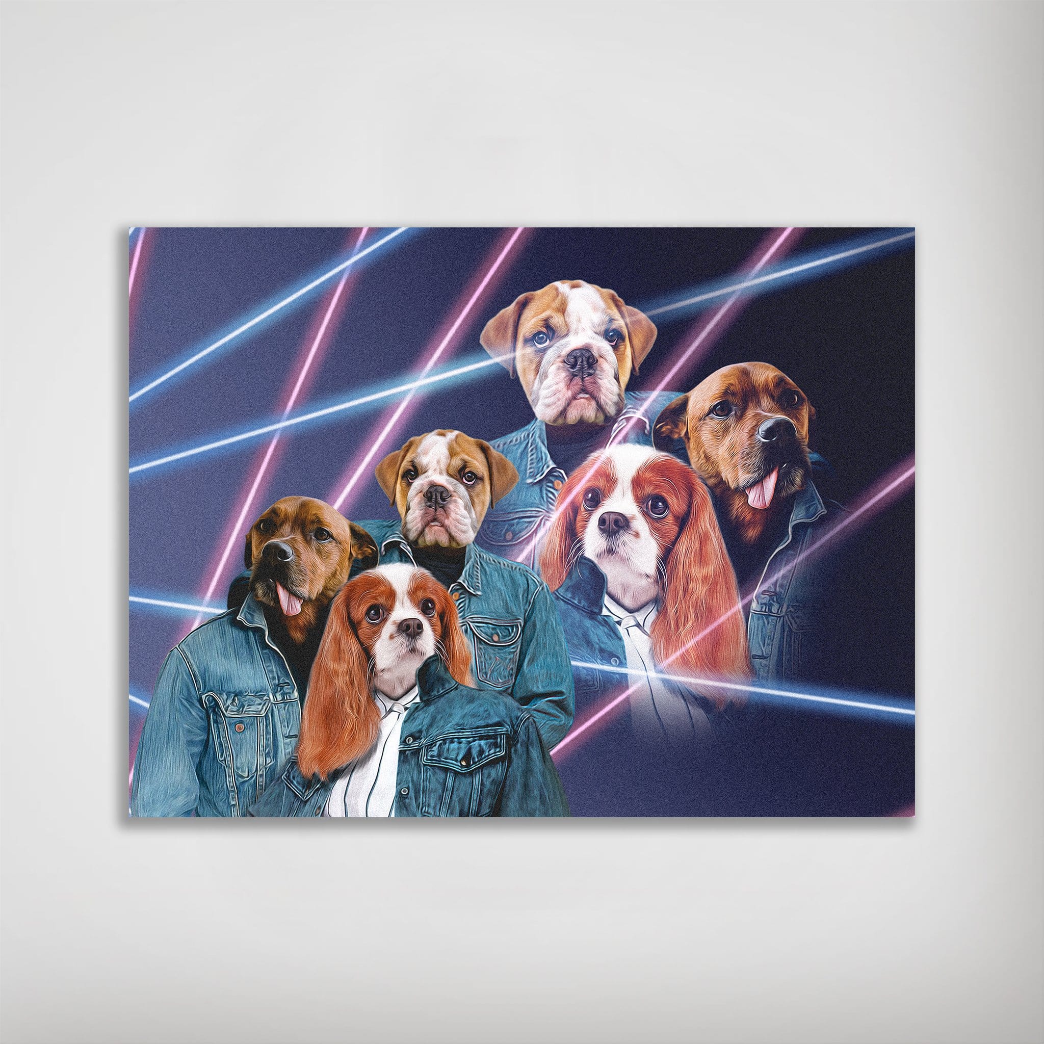 Personalized '80s Lazer Portrait poster featuring six pets in denim jackets against a neon pink and blue grid.