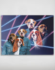 Personalized '80s Lazer Portrait poster featuring six pets in denim jackets against a neon pink and blue grid.
