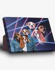 Personalized standing canvas featuring three pets in 1980s lazer portrait style with denim jackets.
