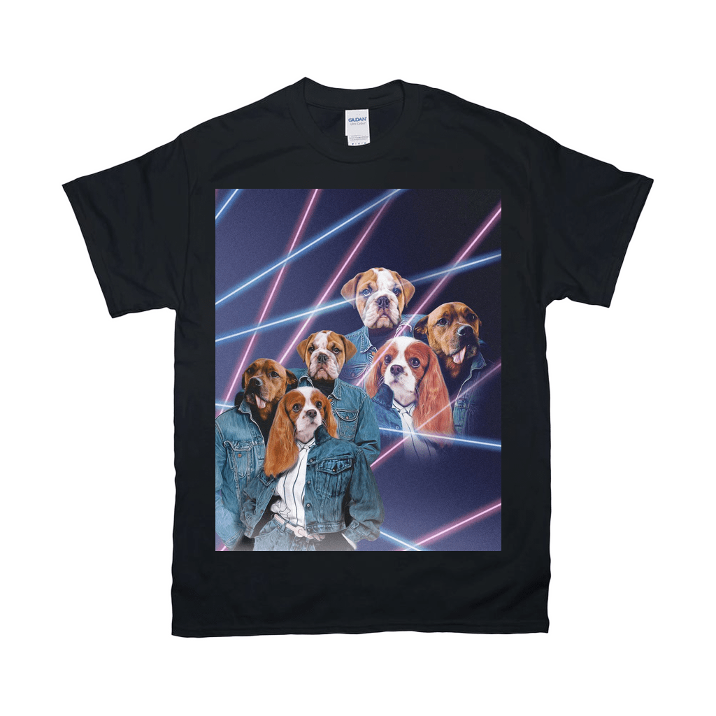 Black Gildan t-shirt with a personalized 80s laser portrait of six dogs in denim jackets.