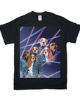 Black Gildan t-shirt with a personalized 80s laser portrait of six dogs in denim jackets.