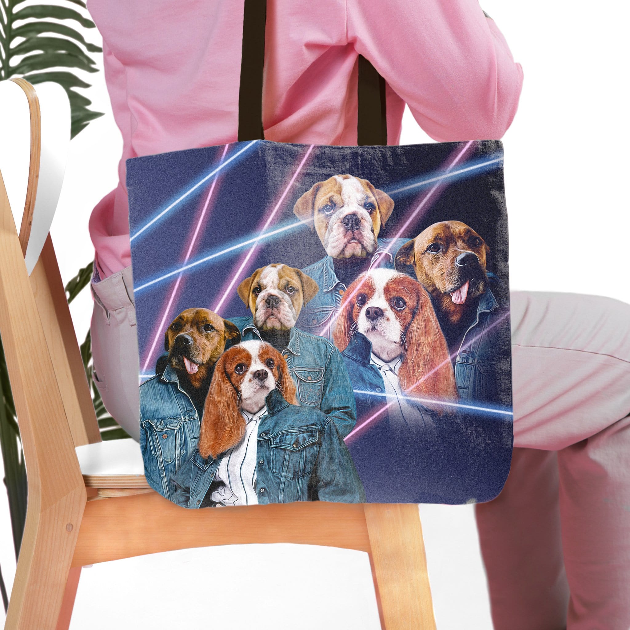 Personalized 3 pet tote bag with 1980s laser portrait of dogs in denim jackets.