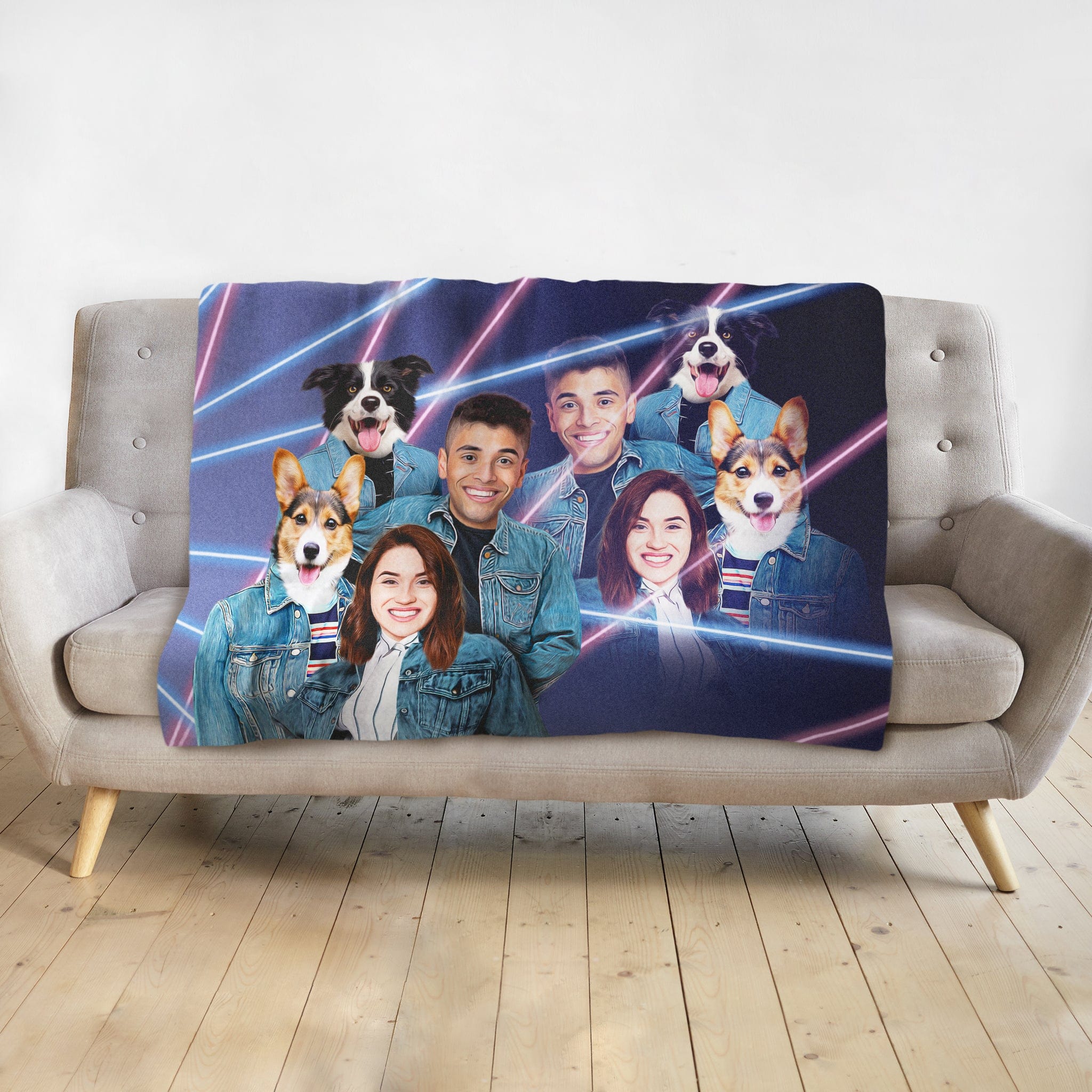 Personalized 1980s Lazer Portrait blanket featuring two humans and two dogs in denim jackets.