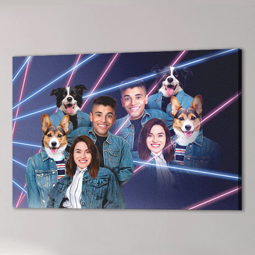 Personalized 1980s Lazer Portrait canvas featuring two humans and two dogs in denim jackets with neon lines.