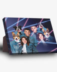 Personalized 1980s Lazer Portrait standing canvas featuring two humans and two pets in denim jackets.