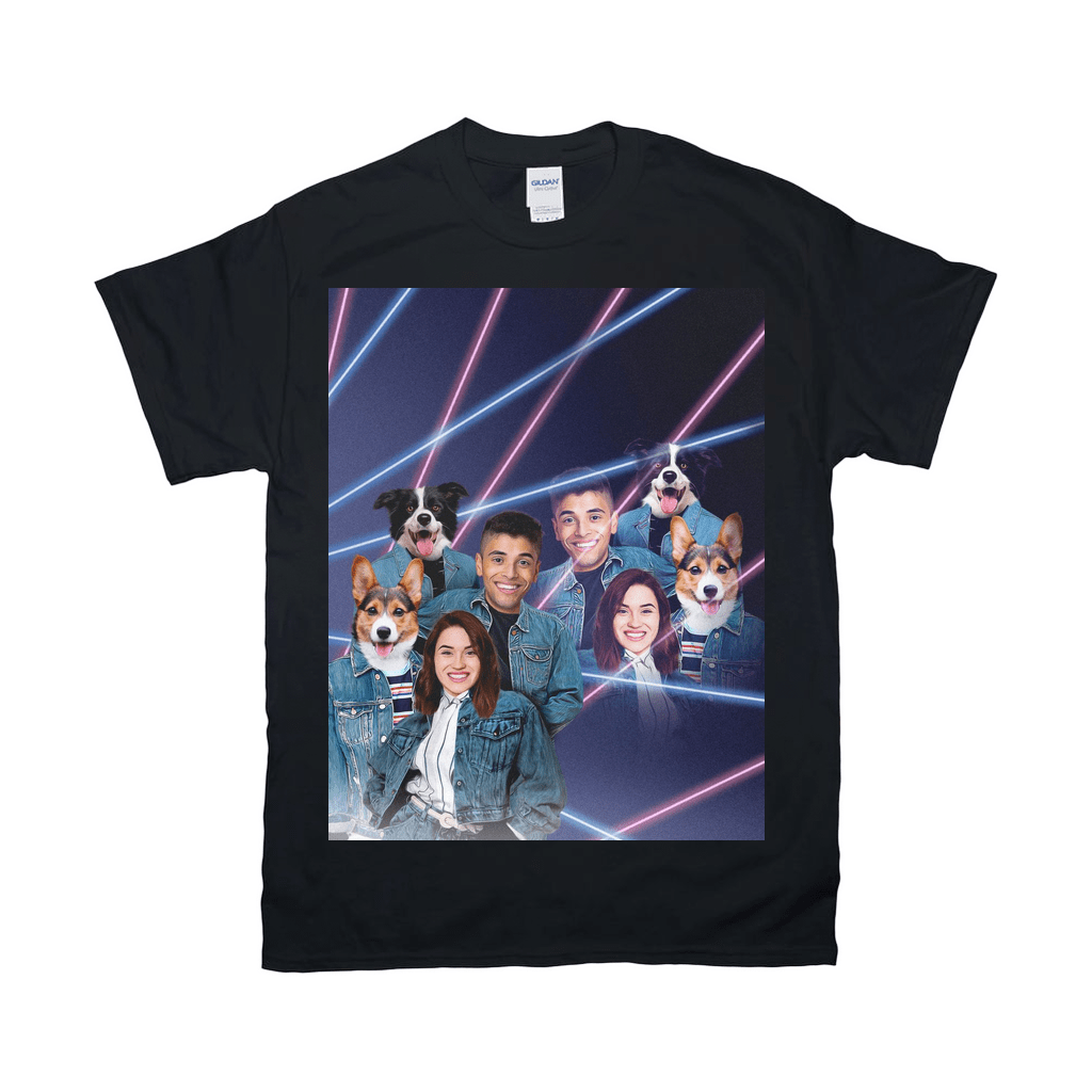 Black Gildan t-shirt with a personalized 80s lazer portrait of two humans and two dogs in denim jackets.
