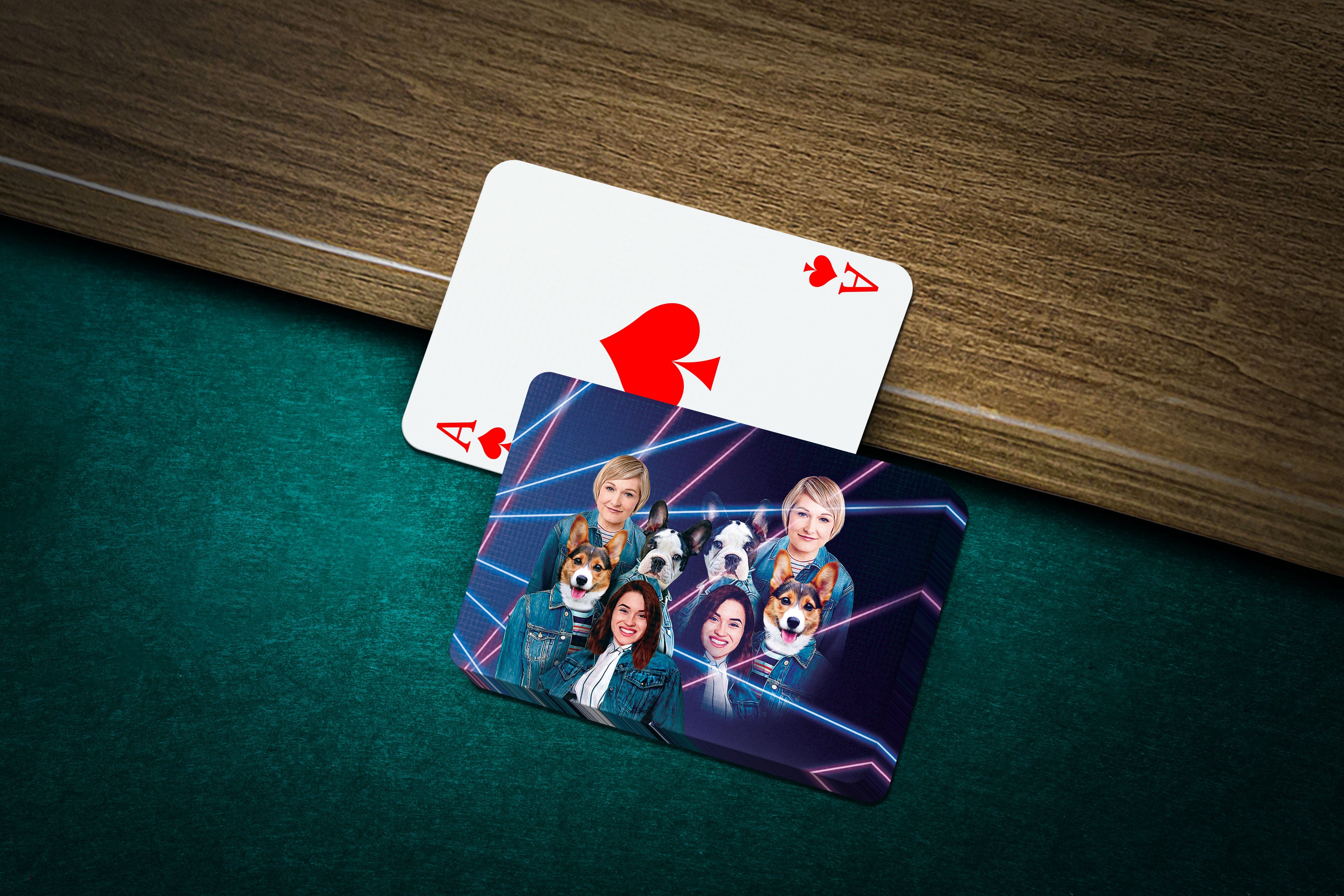 Personalized 1980s Lazer Portrait 2 Pet & Humans playing cards with custom pet and female portraits.