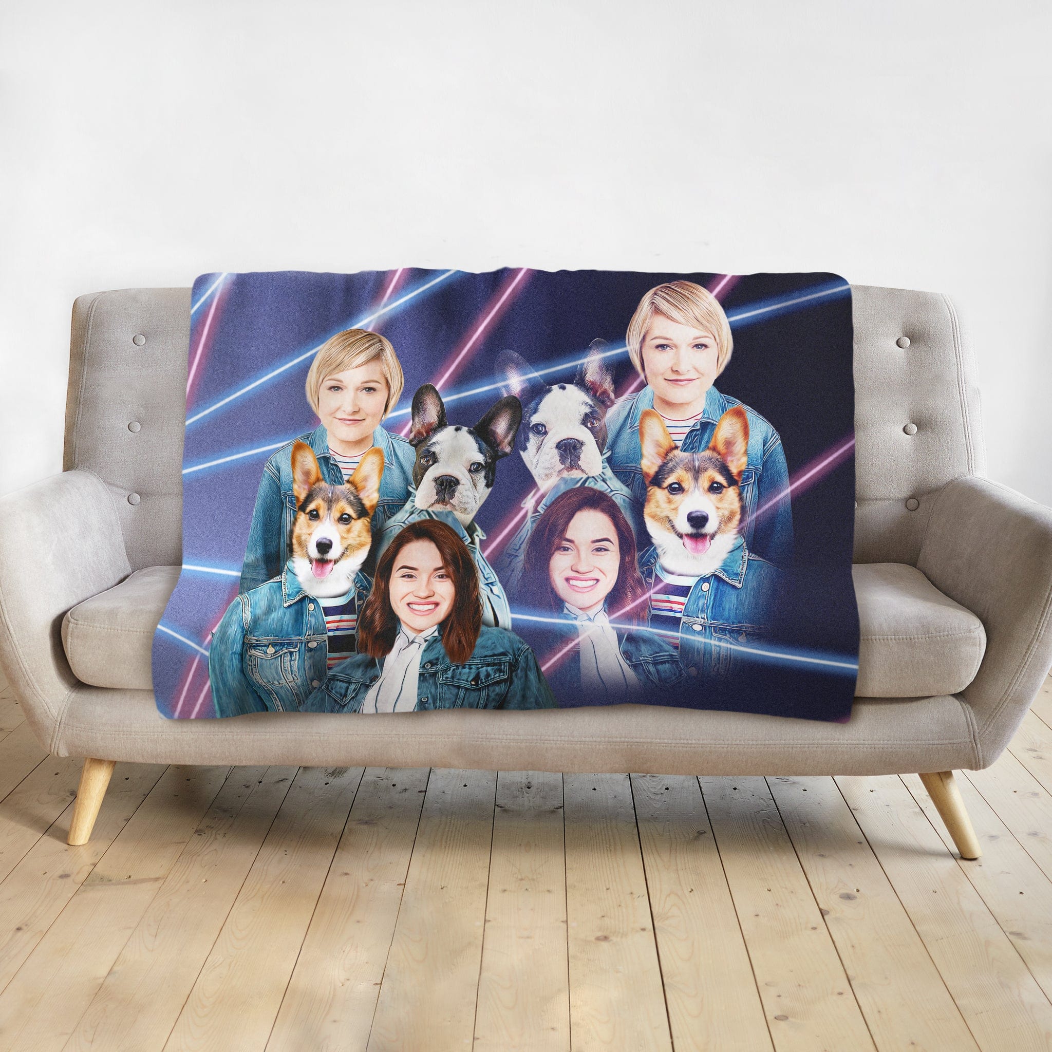 Personalized 1980s Lazer Portrait blanket with two female humans, two corgis, and two French bulldogs.