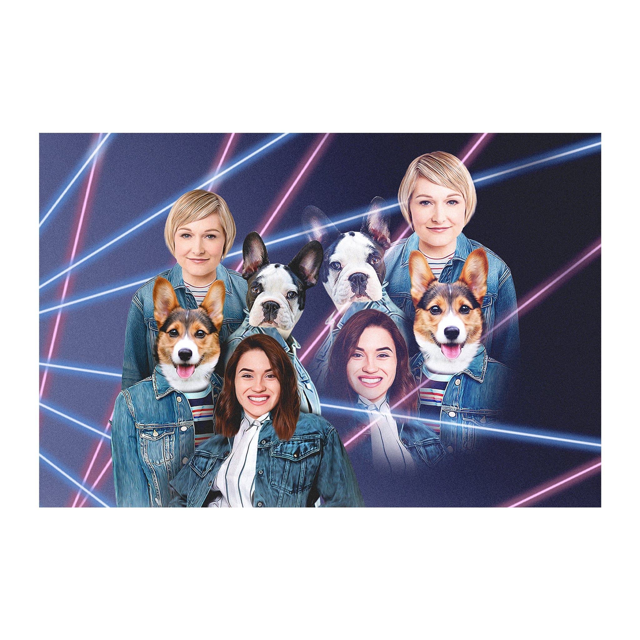 Personalized 1980s Lazer Portrait of two females, two corgis, and two French bulldogs.