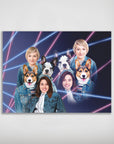 Personalized 1980s Lazer Portrait poster featuring two women and two dogs in denim jackets with neon pink and blue lines.