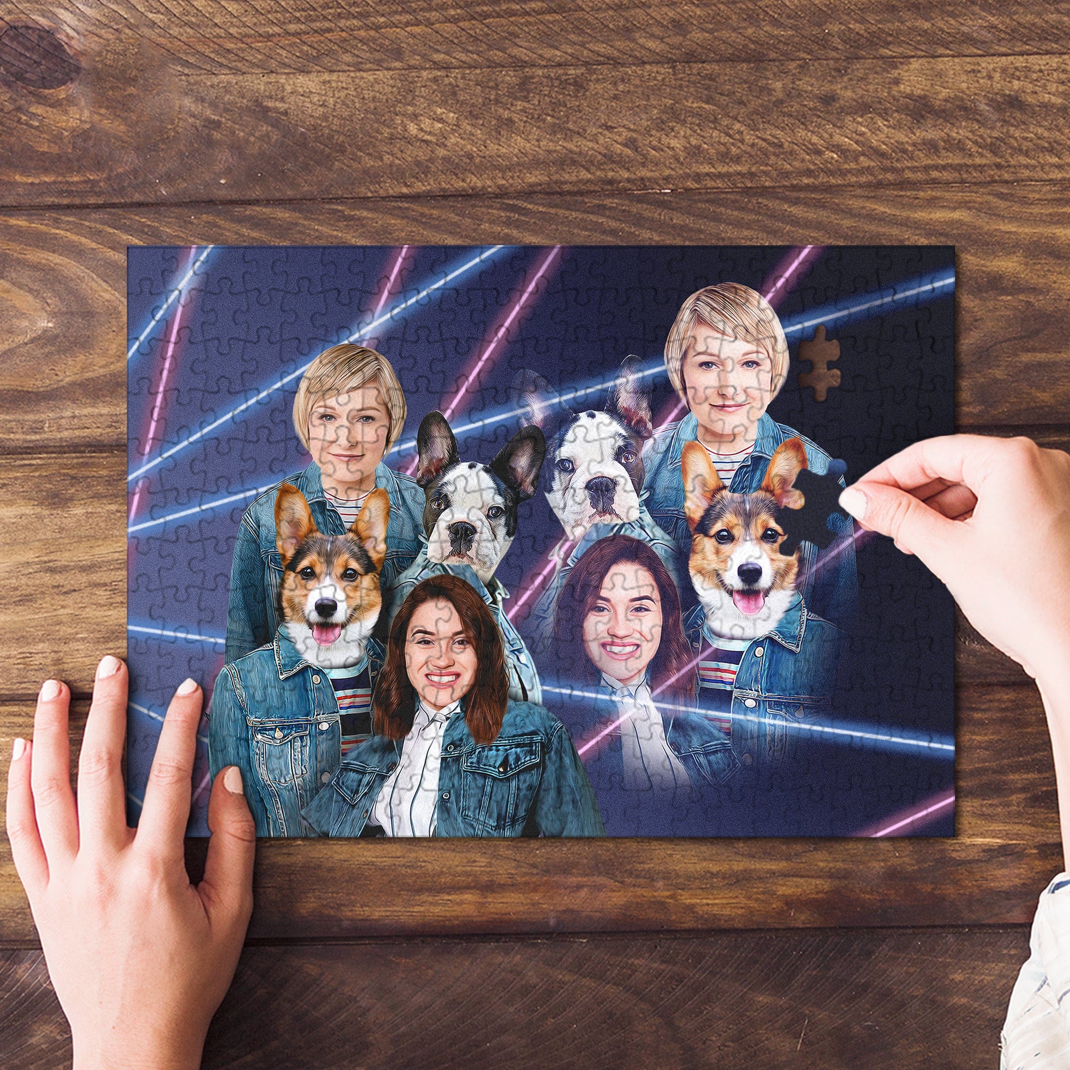 Personalized 1980s Lazer Portrait puzzle of two females, two corgis, and two French bulldogs.