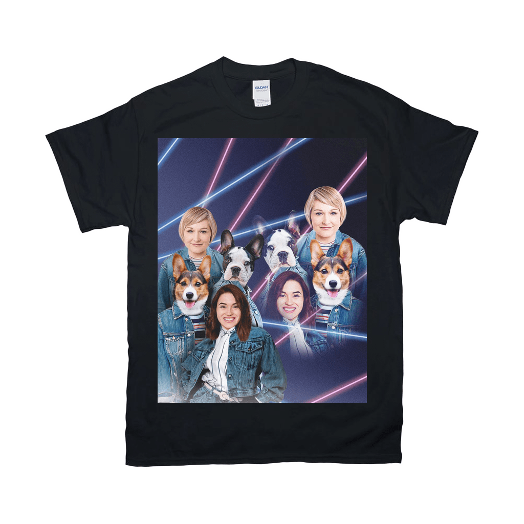 Black Gildan t-shirt with a retro 80s lazer portrait design featuring two women and two dogs.