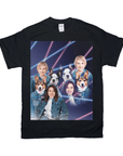 Black Gildan t-shirt with a retro 80s lazer portrait design featuring two women and two dogs.
